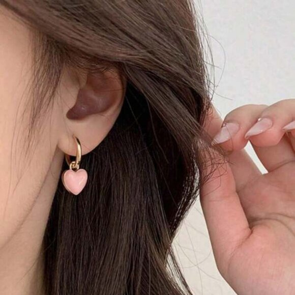 14K Gold-Filled Pink Heart Hoop Earrings - Picture 2 of 5